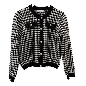 More In Love Sweater Cardigan Womens M Black White Geometric Knit Pearl Button